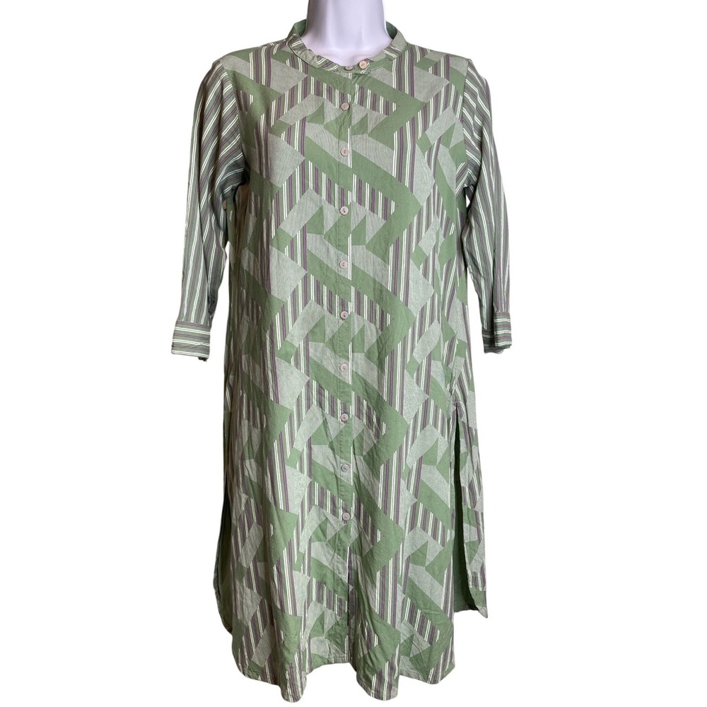 MAX STUDIO Sage Green‎ Striped Button Front Midi Shirt Dress Sz L Coastal-Chic